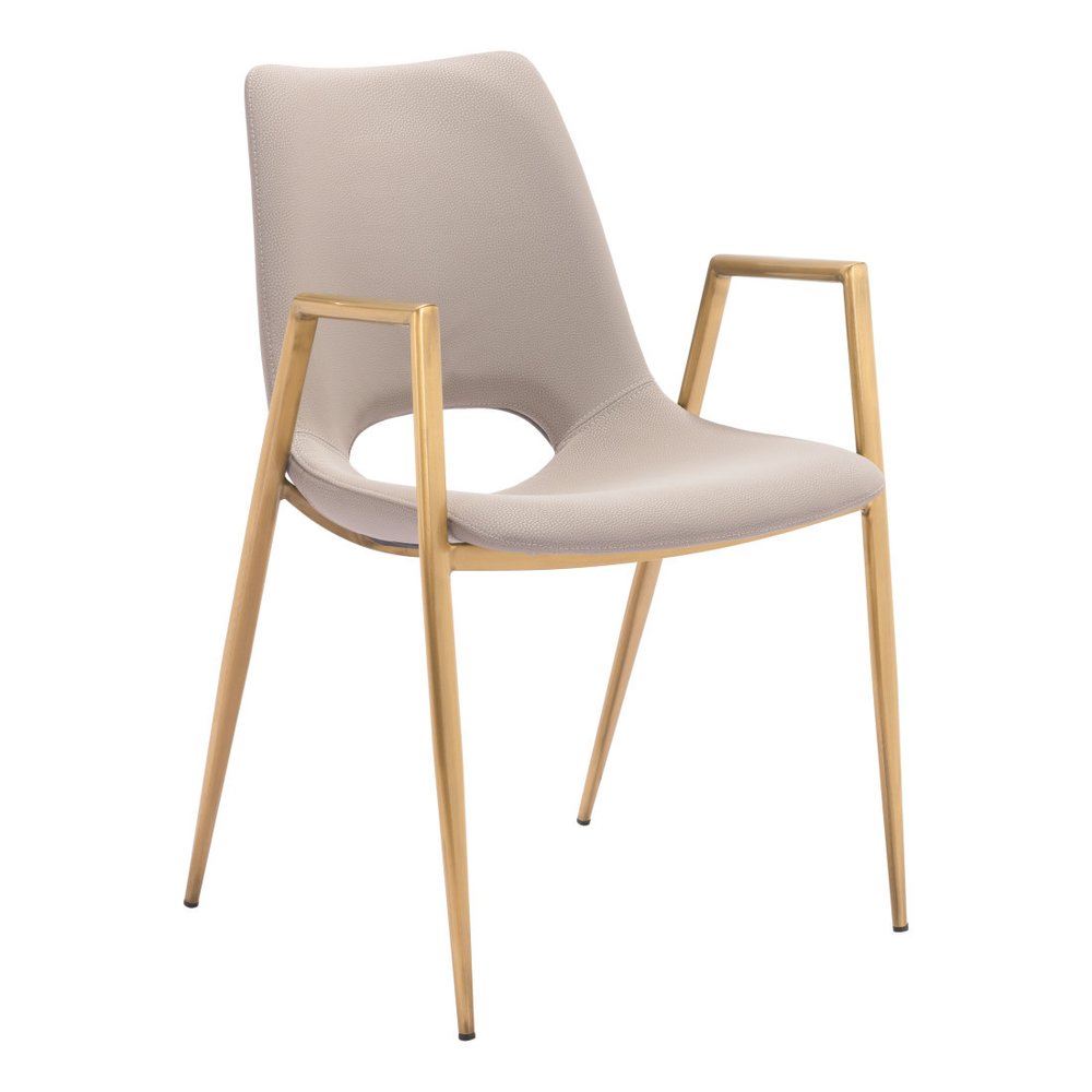 Set of Two Beige and Gold Faux Leather Open Back Dining Arm Chairs