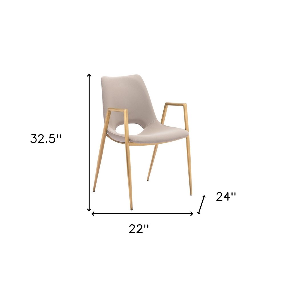 Set of Two Beige and Gold Faux Leather Open Back Dining Arm Chairs