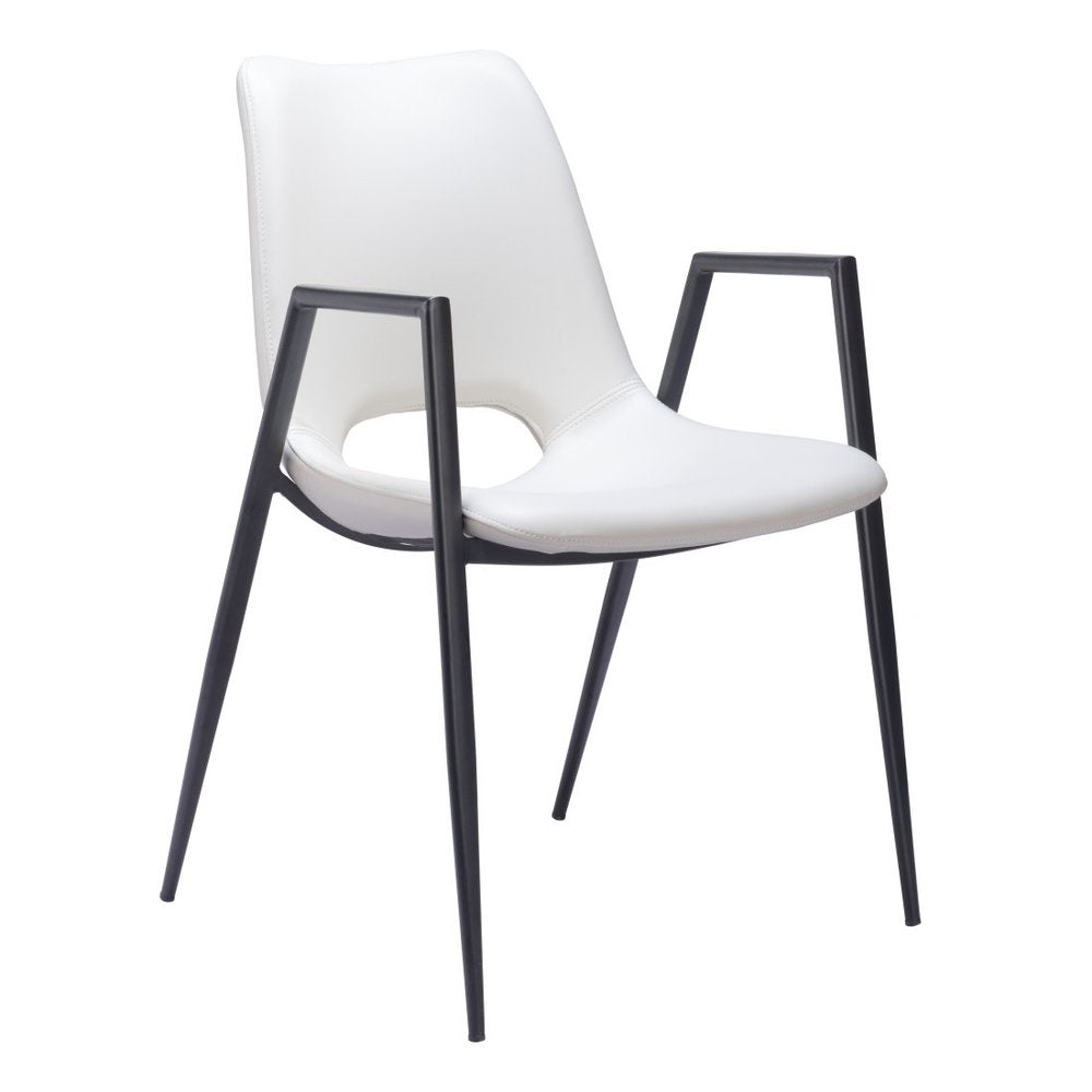 Set of Two White and Black Faux Leather Open Back Dining Arm Chairs