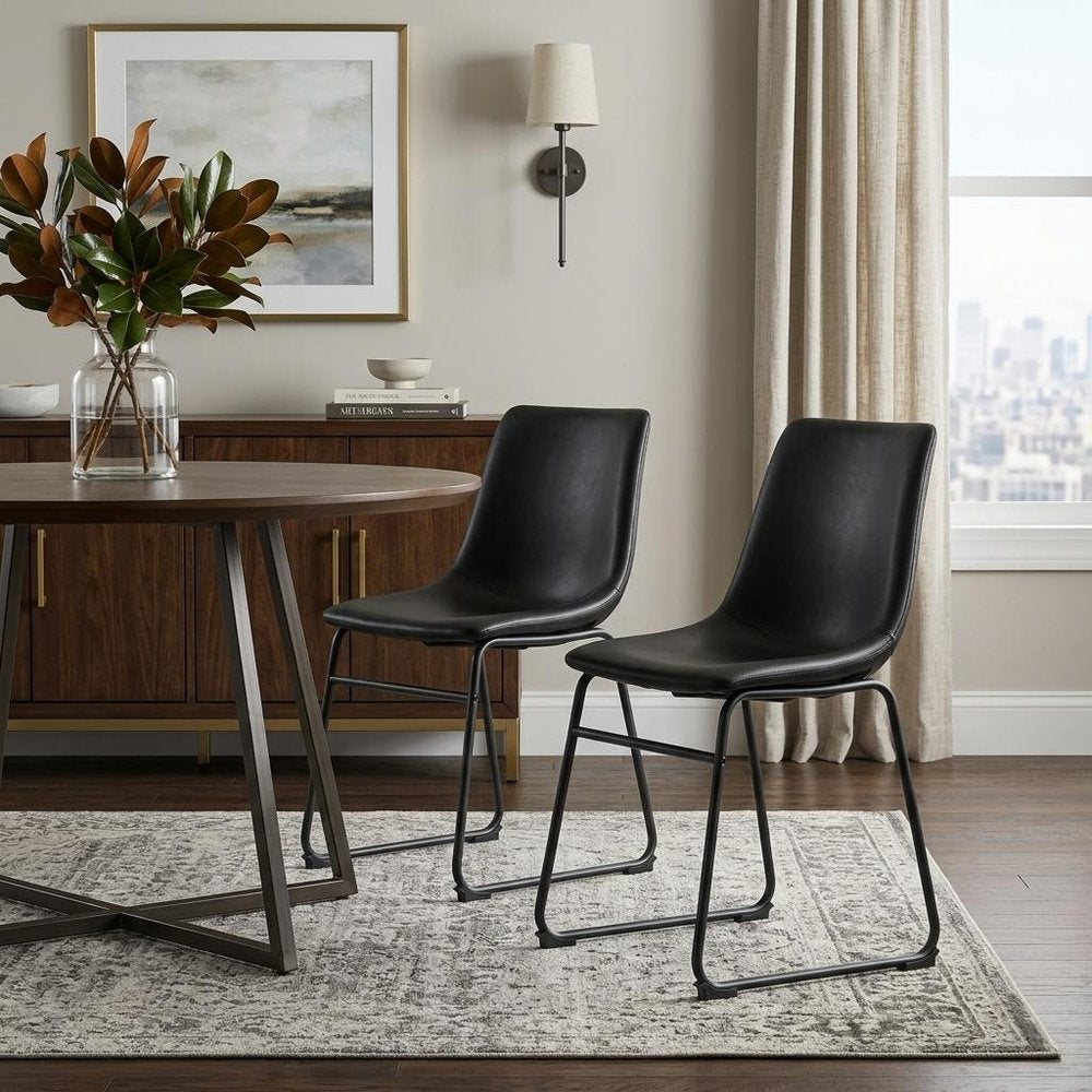 Set of Two Black Faux Leather Dining Side Chairs