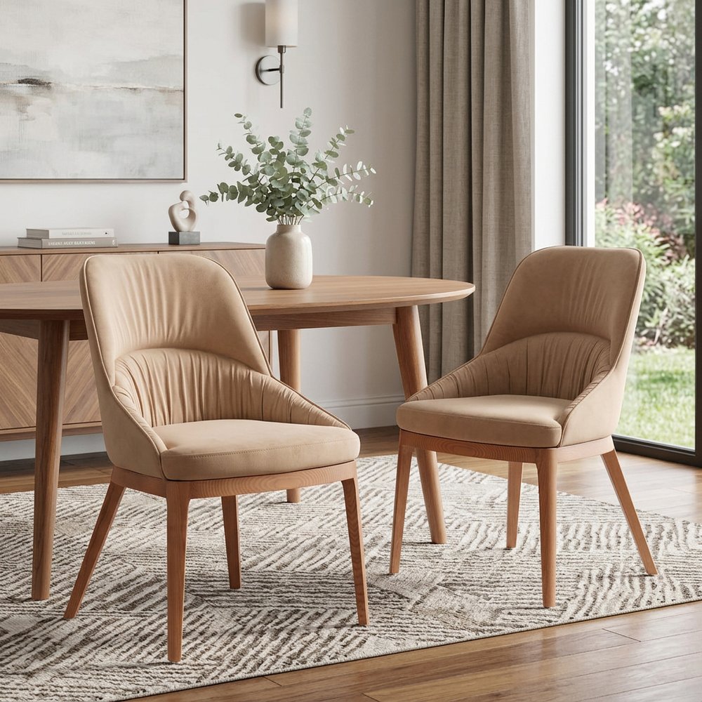 Set of Two Tan and Brown Upholstery Dining Side Chairs