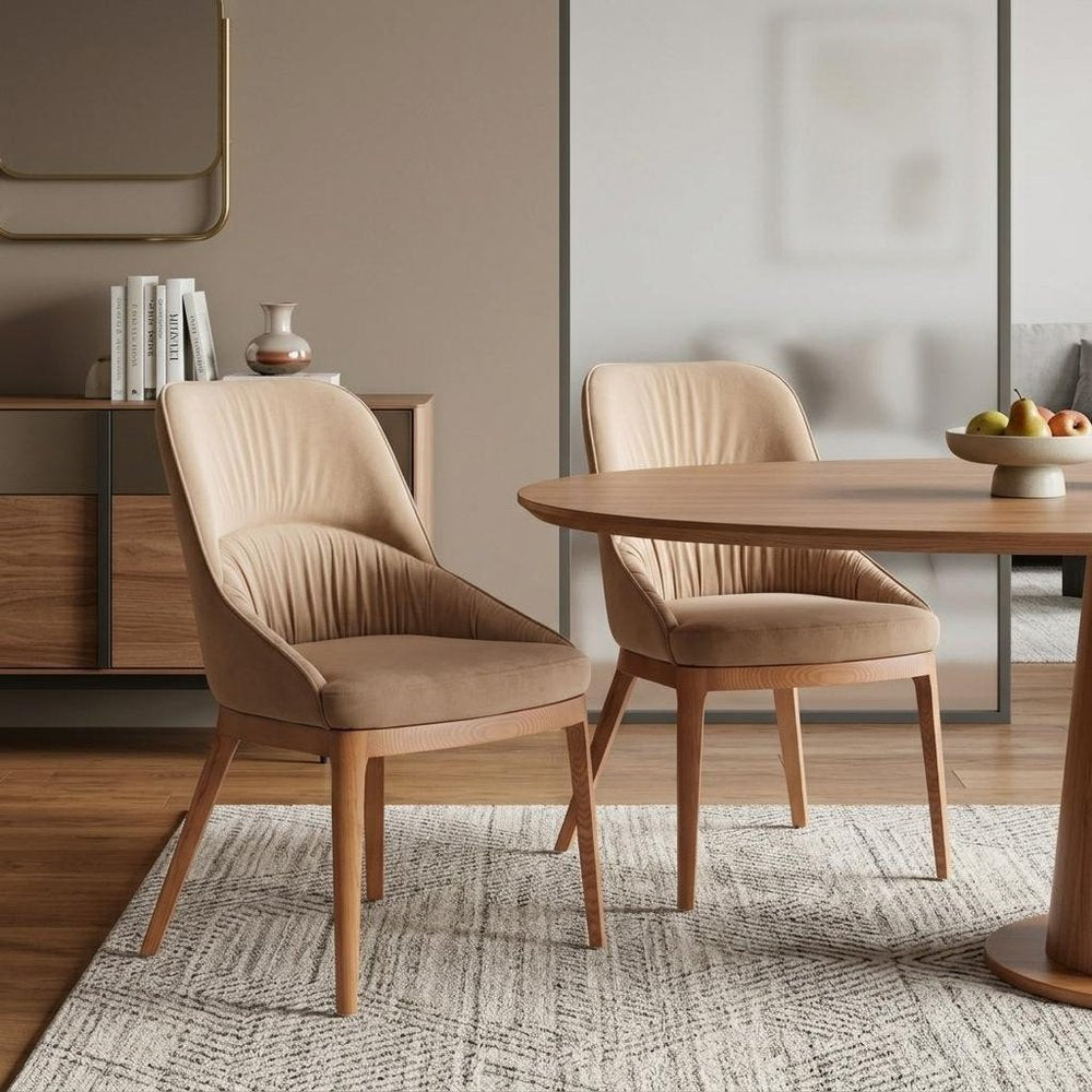 Set of Two Tan and Brown Upholstery Dining Side Chairs