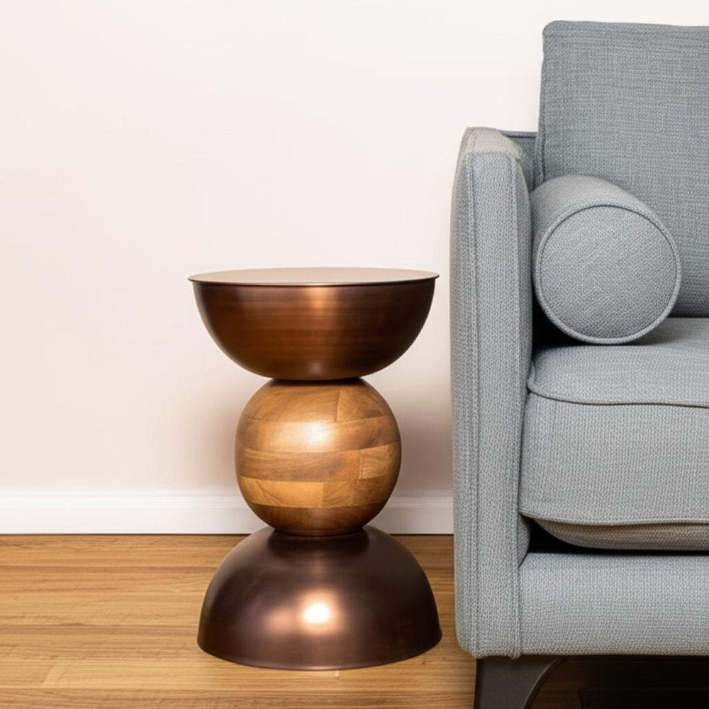 Bronze and Brown Iron and Solid Wood Round Pedestal End Table - 20-inch
