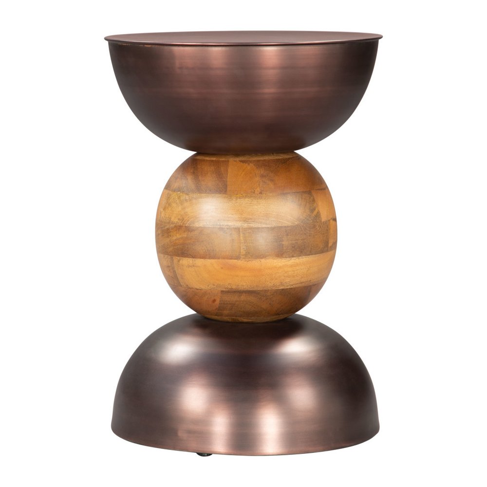 Bronze and Brown Iron and Solid Wood Round Pedestal End Table - 20-inch