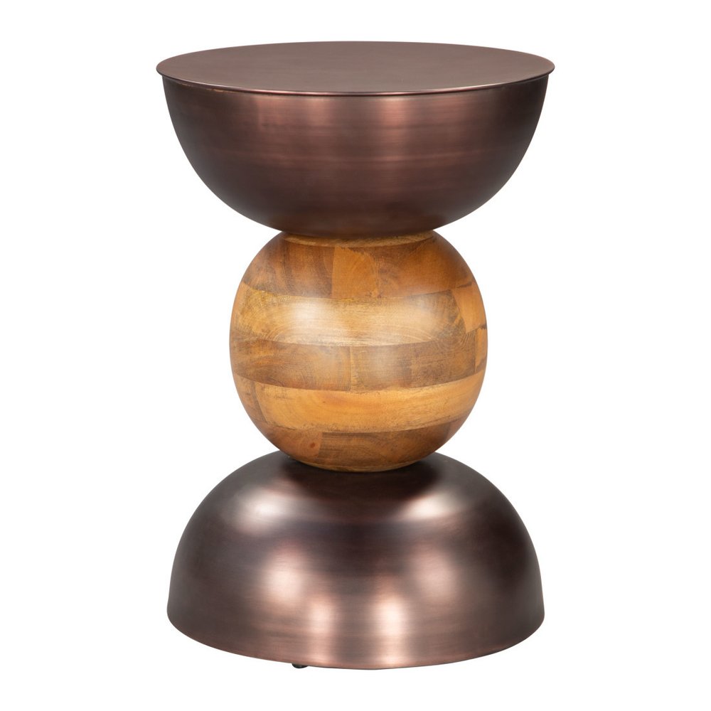 Bronze and Brown Iron and Solid Wood Round Pedestal End Table - 20-inch
