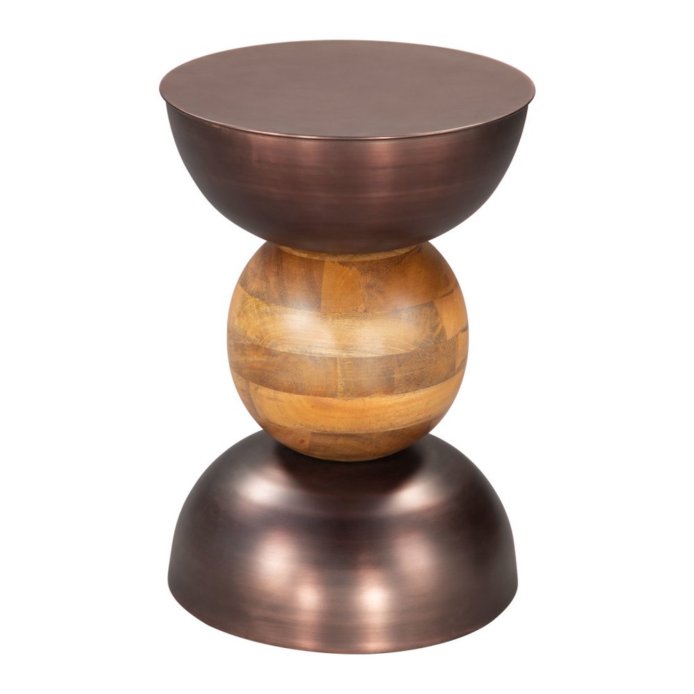 Bronze and Brown Iron and Solid Wood Round Pedestal End Table - 20-inch