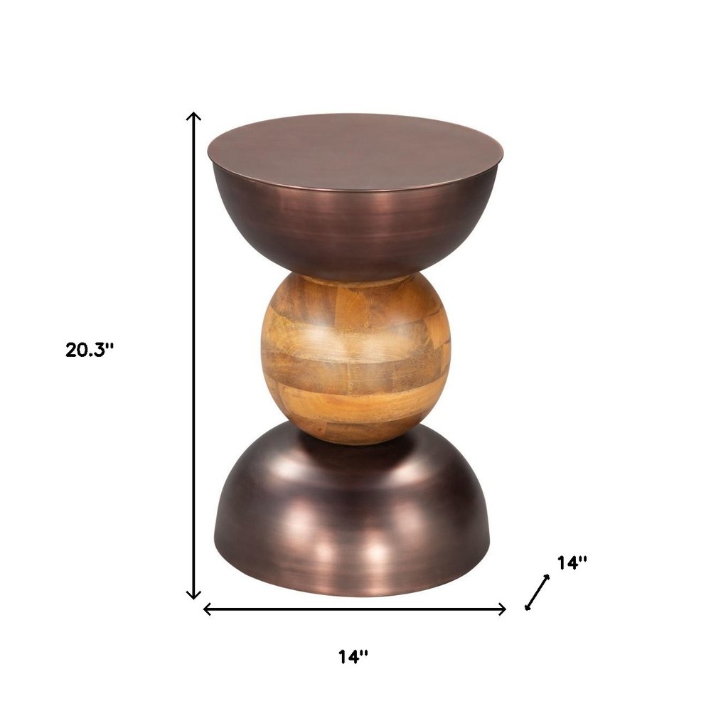 Bronze and Brown Iron and Solid Wood Round Pedestal End Table - 20-inch