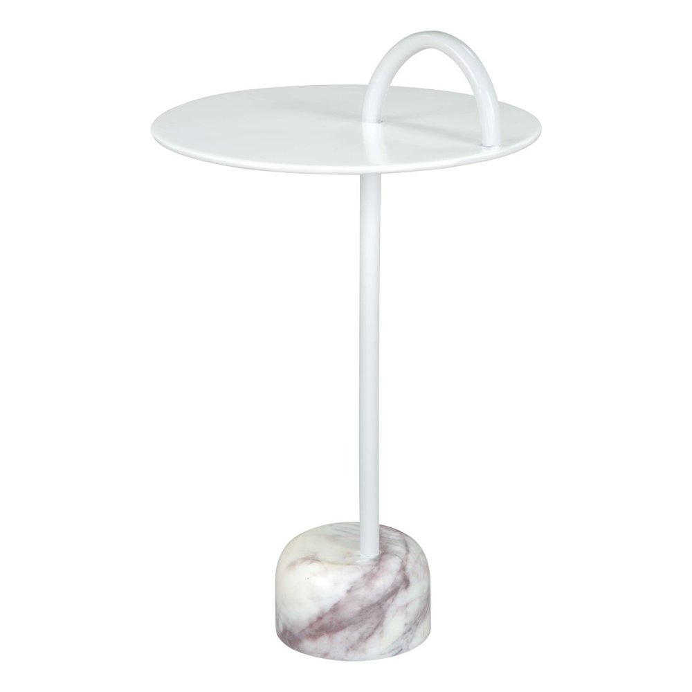 White Iron and Marble Round Pedestal End Table - 25-inch