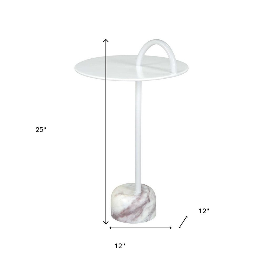 White Iron and Marble Round Pedestal End Table - 25-inch