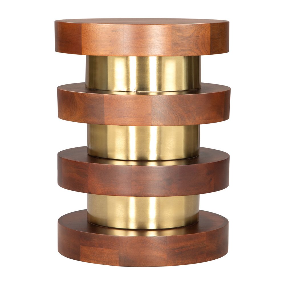 Brown and Gold Solid Wood and Iron Round Pedestal End Table - 20-inch