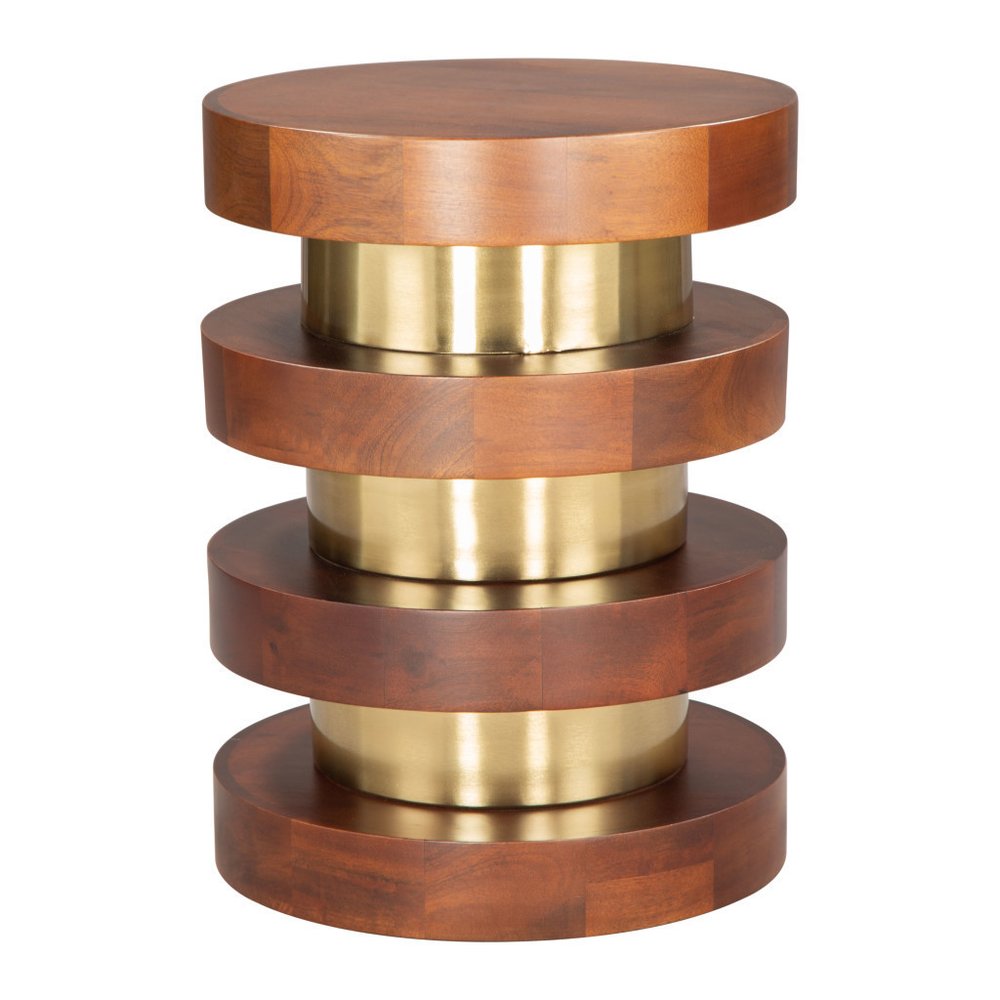 Brown and Gold Solid Wood and Iron Round Pedestal End Table - 20-inch