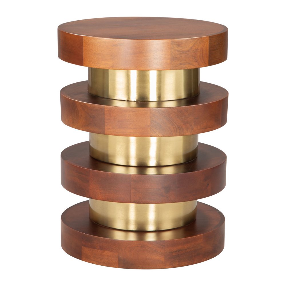 Brown and Gold Solid Wood and Iron Round Pedestal End Table - 20-inch