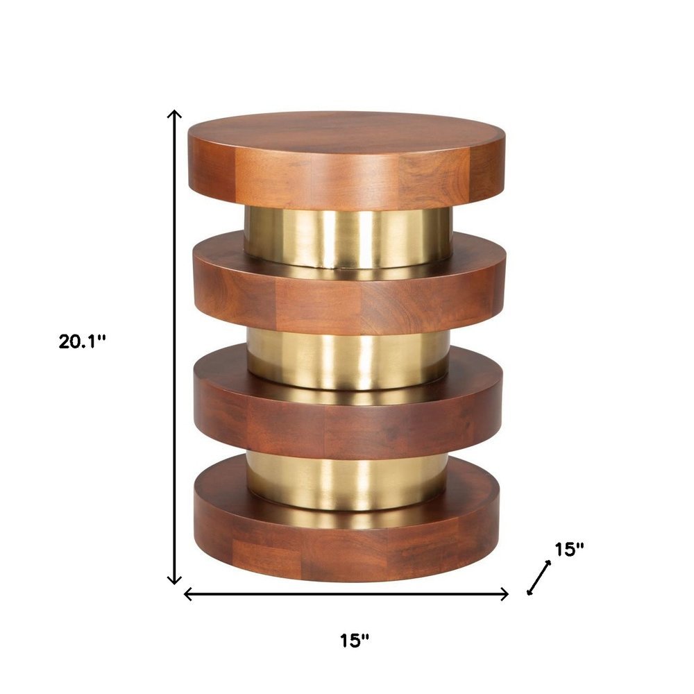 Brown and Gold Solid Wood and Iron Round Pedestal End Table - 20-inch