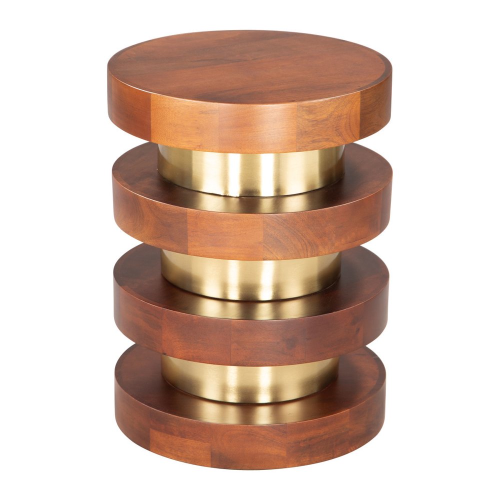 Brown and Gold Solid Wood and Iron Round Pedestal End Table - 20-inch