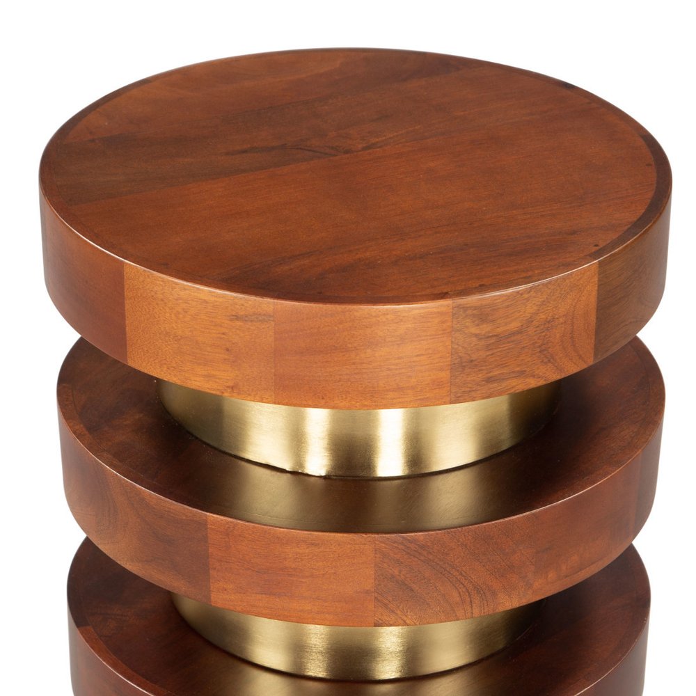 Brown and Gold Solid Wood and Iron Round Pedestal End Table - 20-inch