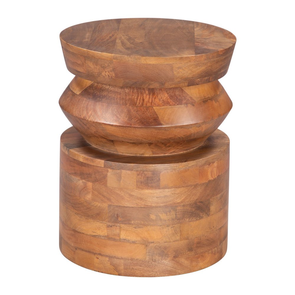 Brown Solid Wood Round Drum End Table - 19-inch