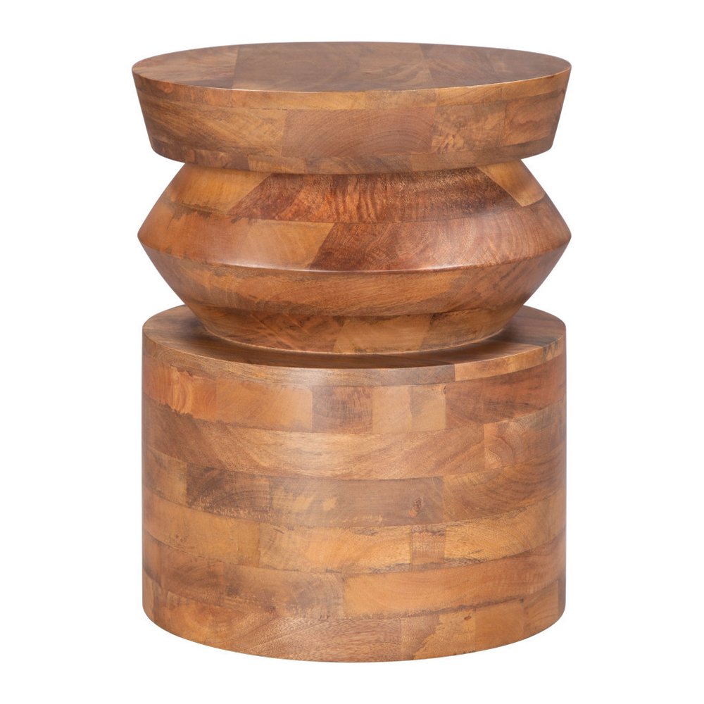 Brown Solid Wood Round Drum End Table - 19-inch