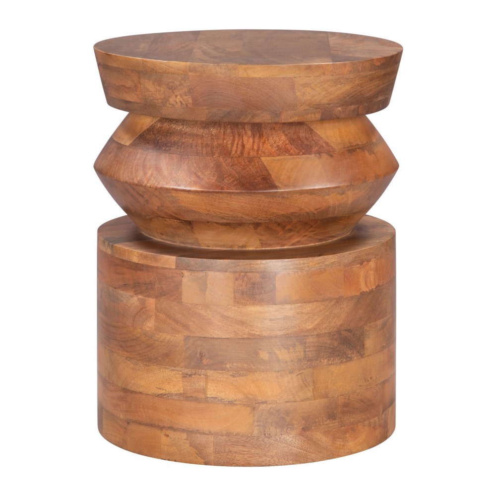 Brown Solid Wood Round Drum End Table - 19-inch