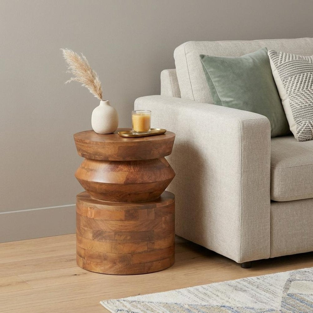 Brown Solid Wood Round Drum End Table - 19-inch