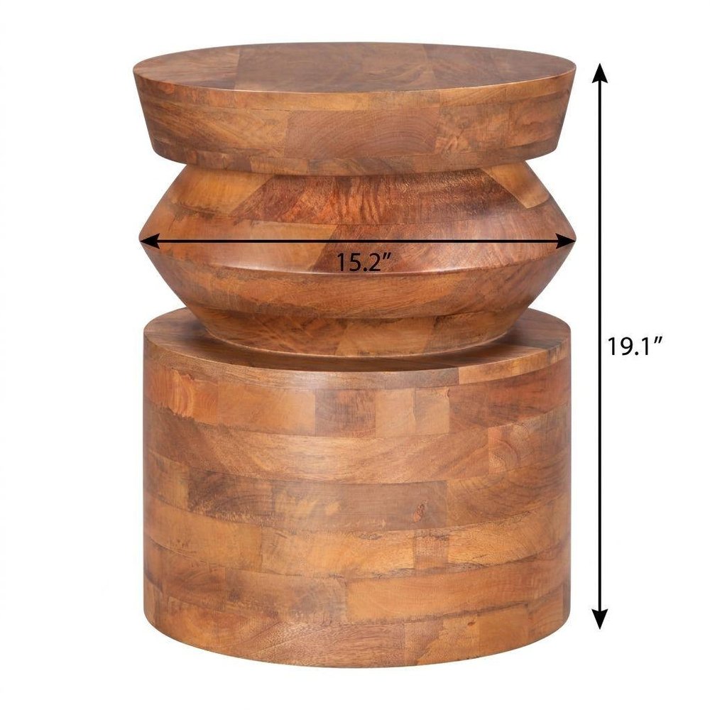 Brown Solid Wood Round Drum End Table - 19-inch