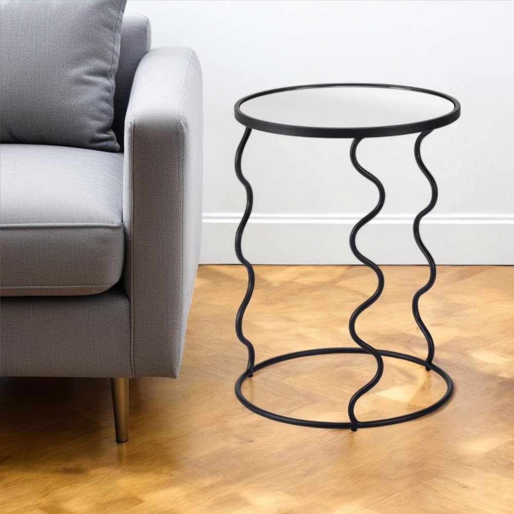 Black Mirrored Glass and Steel Round Abstract End Table - 24-inch