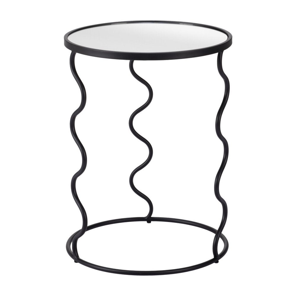 Black Mirrored Glass and Steel Round Abstract End Table - 24-inch