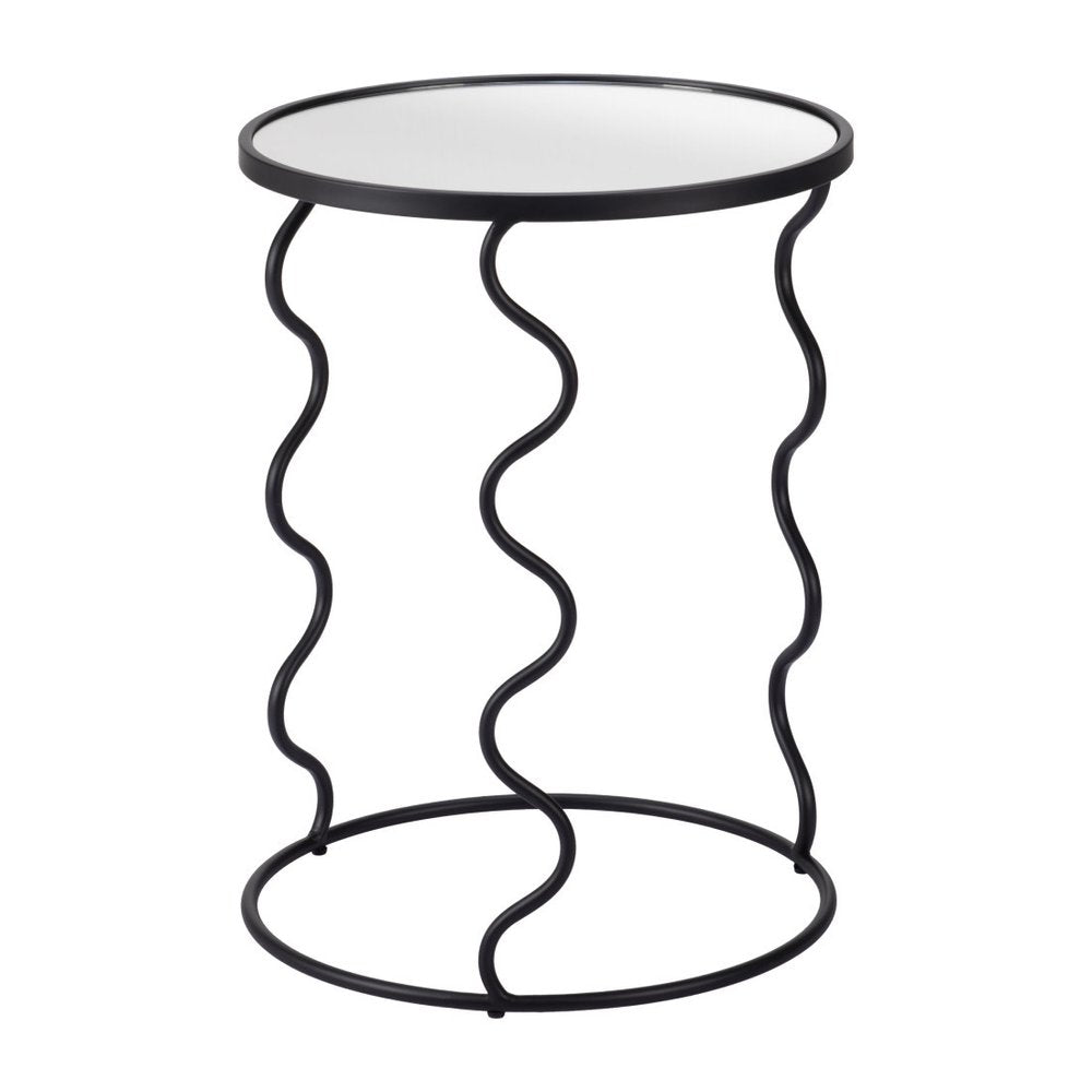 Black Mirrored Glass and Steel Round Abstract End Table - 24-inch