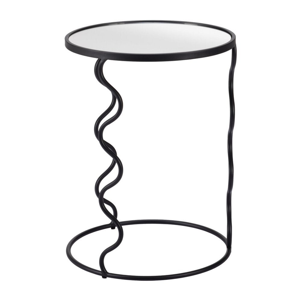 Black Mirrored Glass and Steel Round Abstract End Table - 24-inch