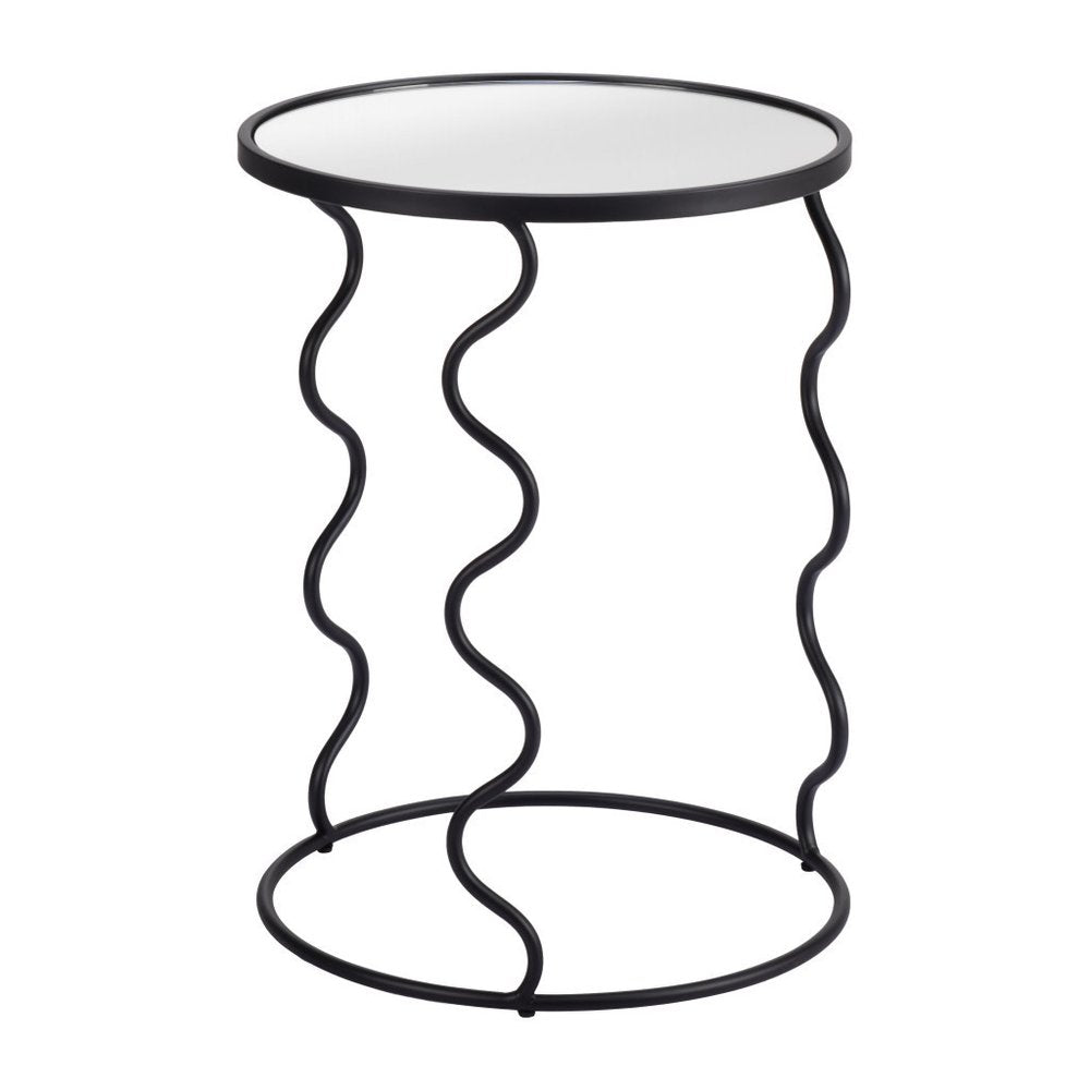 Black Mirrored Glass and Steel Round Abstract End Table - 24-inch