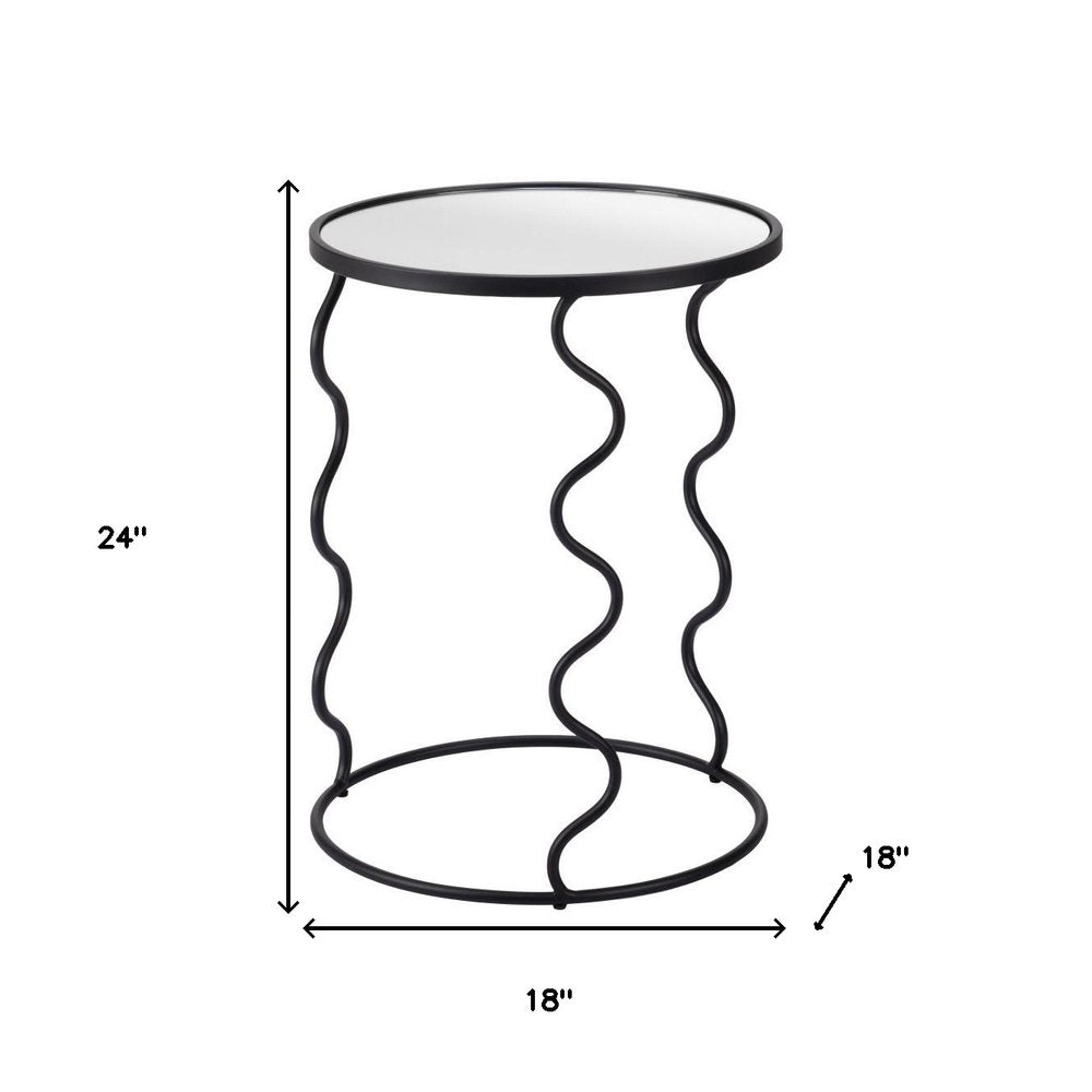 Black Mirrored Glass and Steel Round Abstract End Table - 24-inch