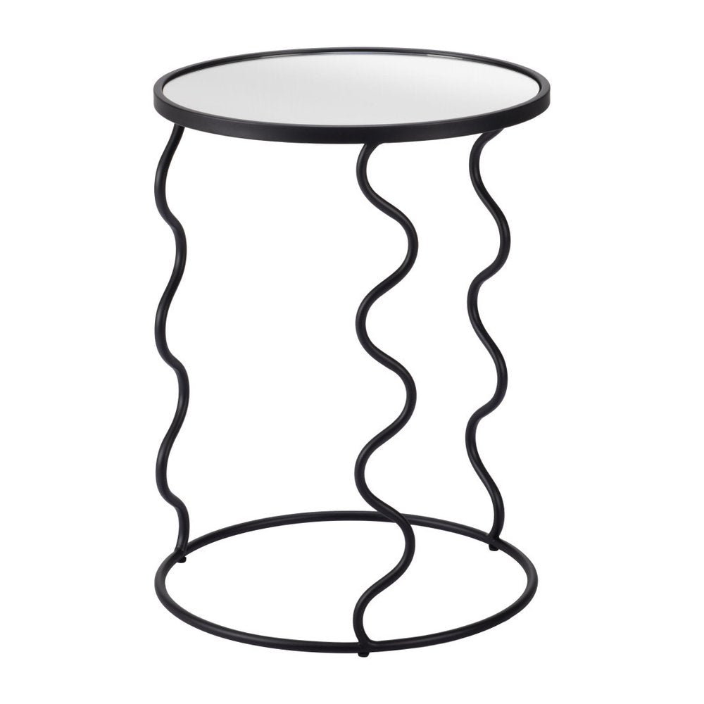 Black Mirrored Glass and Steel Round Abstract End Table - 24-inch