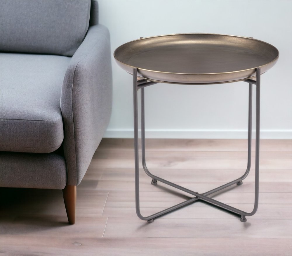 Bronze and Gray Steel Round Cross Legs End Table - 21-inch