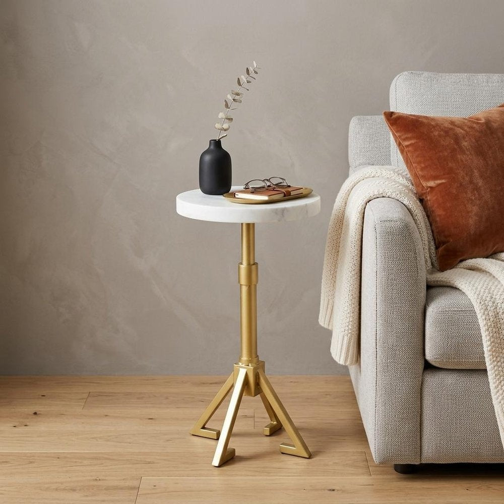 White and Gold Marble and Iron Round Pedestal End Table - 22-inch