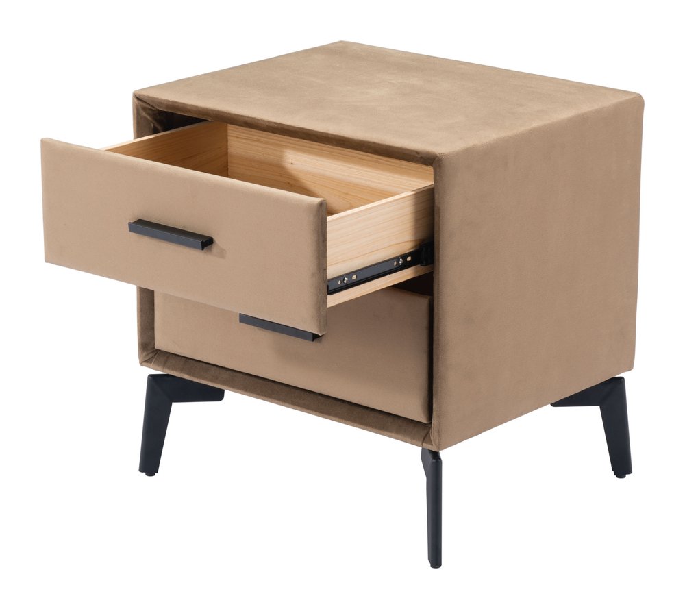 Brown and Black Velvet Wood and Steel End Table with Two Drawers