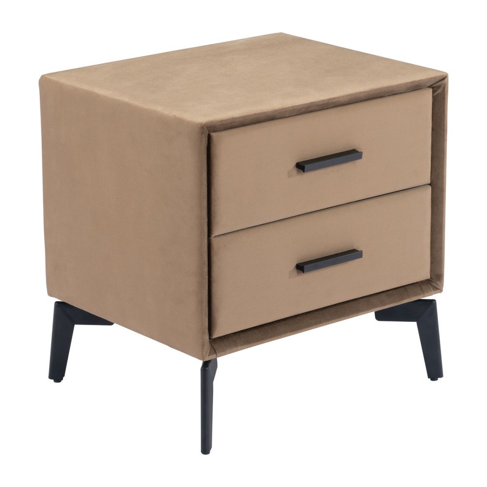 Brown and Black Velvet Wood and Steel End Table with Two Drawers