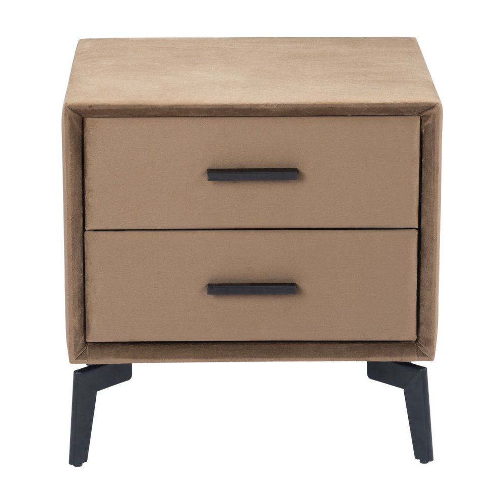 Brown and Black Velvet Wood and Steel End Table with Two Drawers