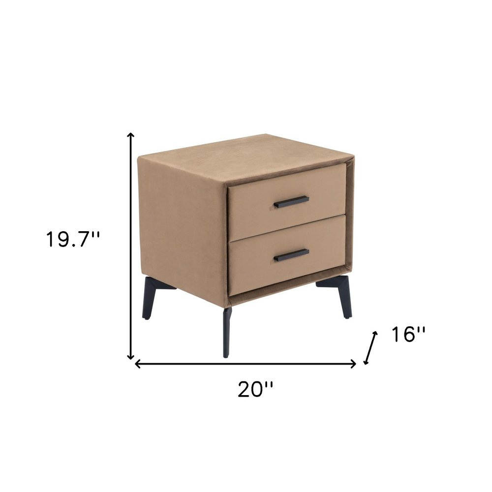 Brown and Black Velvet Wood and Steel End Table with Two Drawers