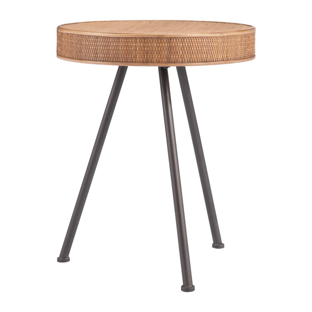 Natural and Gray Rattan and Steel Round End Table - 23-inch