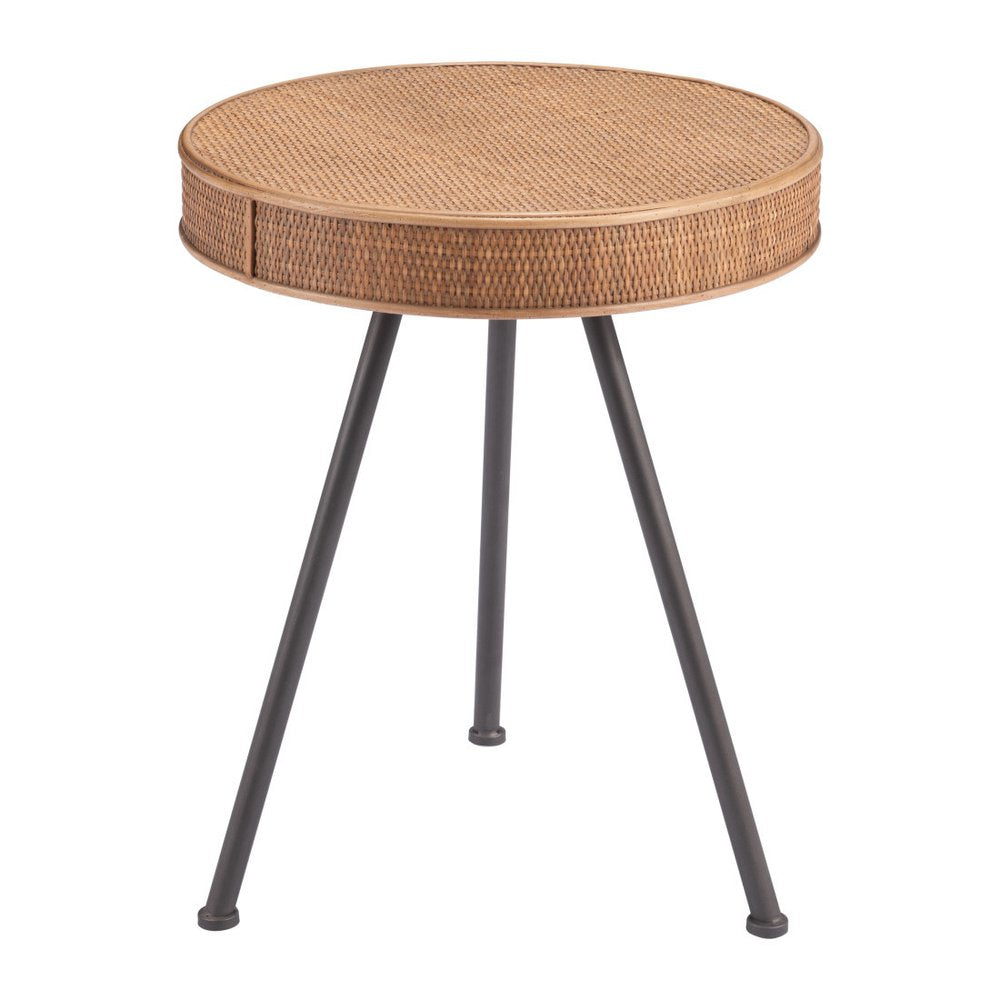 Natural and Gray Rattan and Steel Round End Table - 23-inch