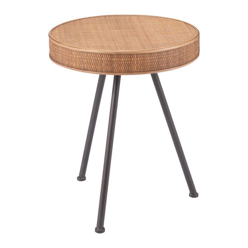Natural and Gray Rattan and Steel Round End Table - 23-inch