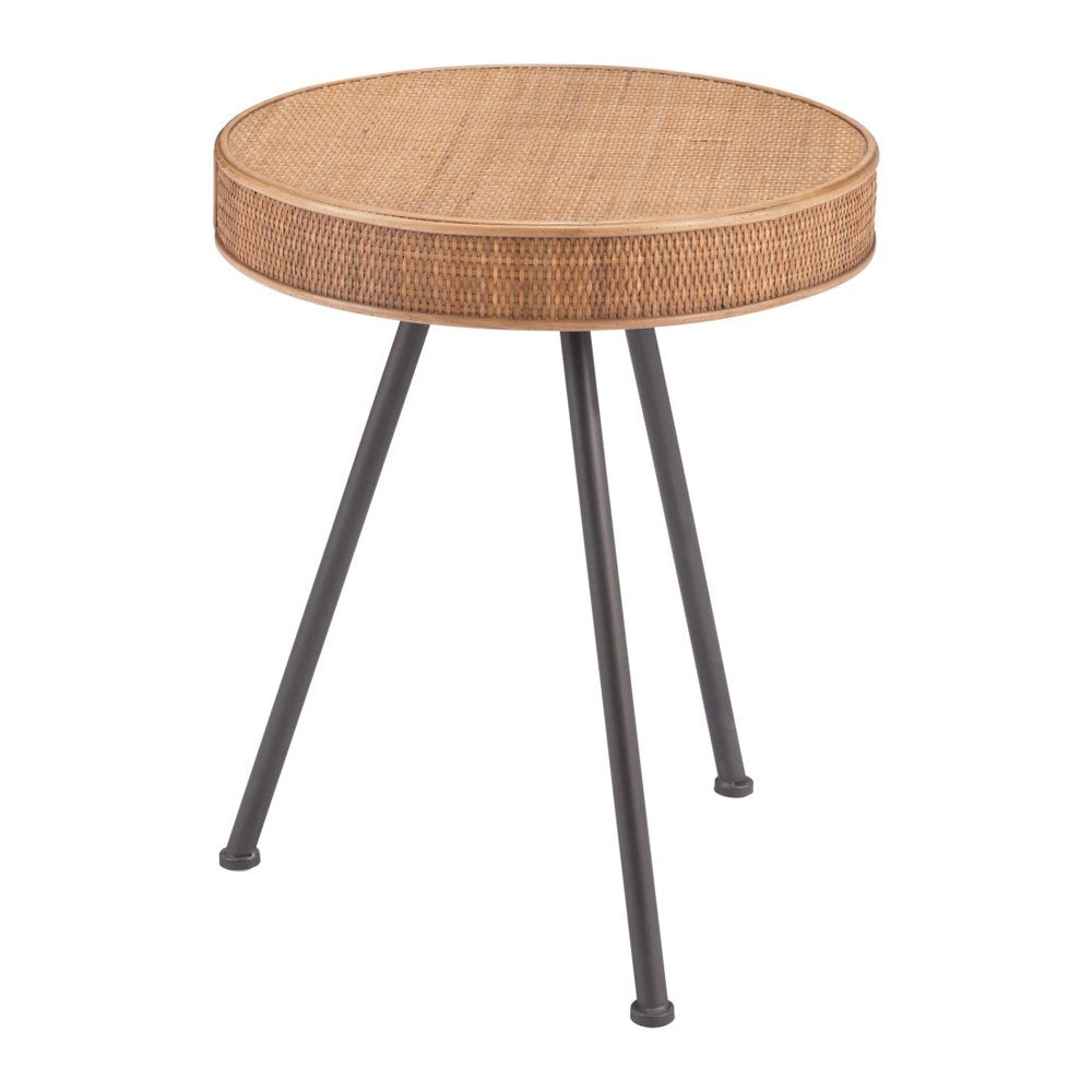 Natural and Gray Rattan and Steel Round End Table - 23-inch
