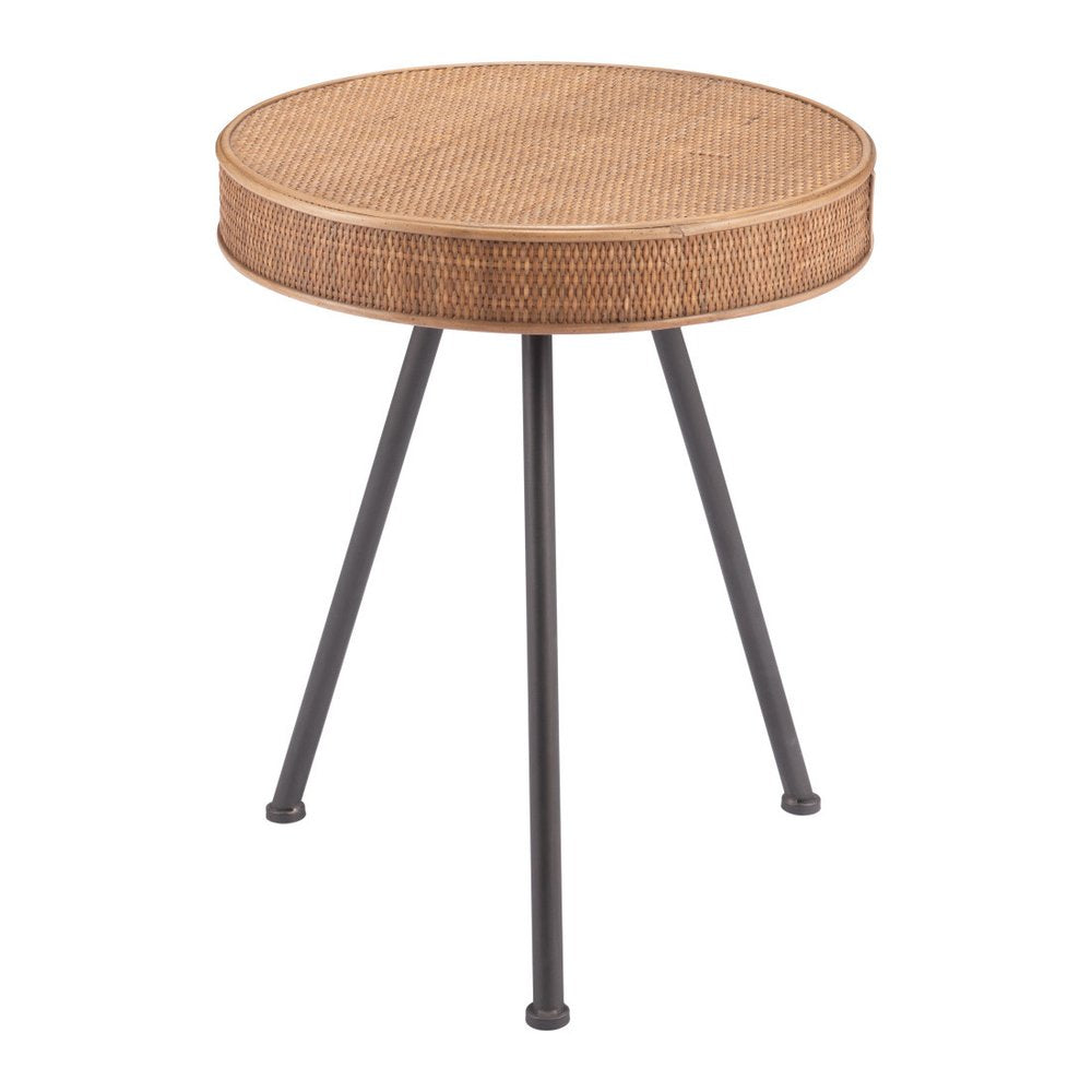 Natural and Gray Rattan and Steel Round End Table - 23-inch