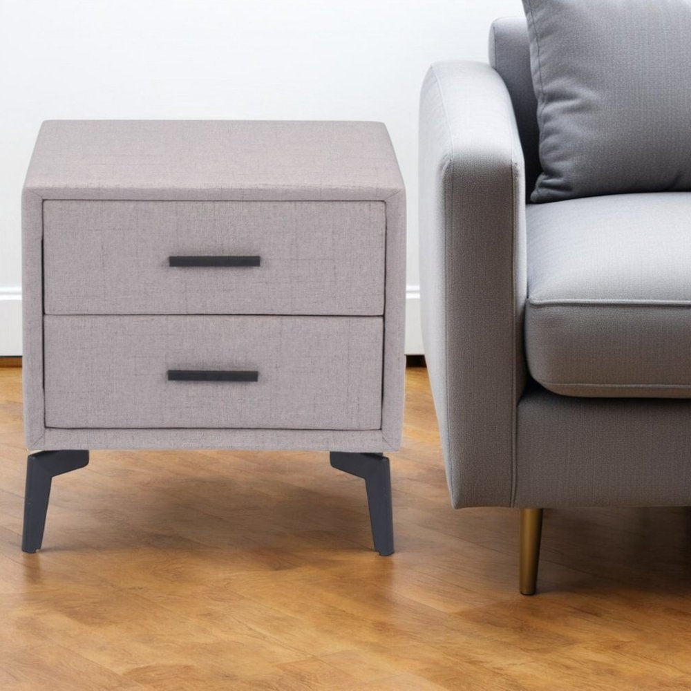 Gray and Black Fabric Wood and Steel End Table with Two Drawers