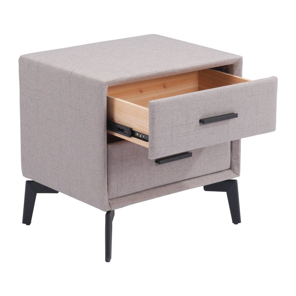 Gray and Black Fabric Wood and Steel End Table with Two Drawers