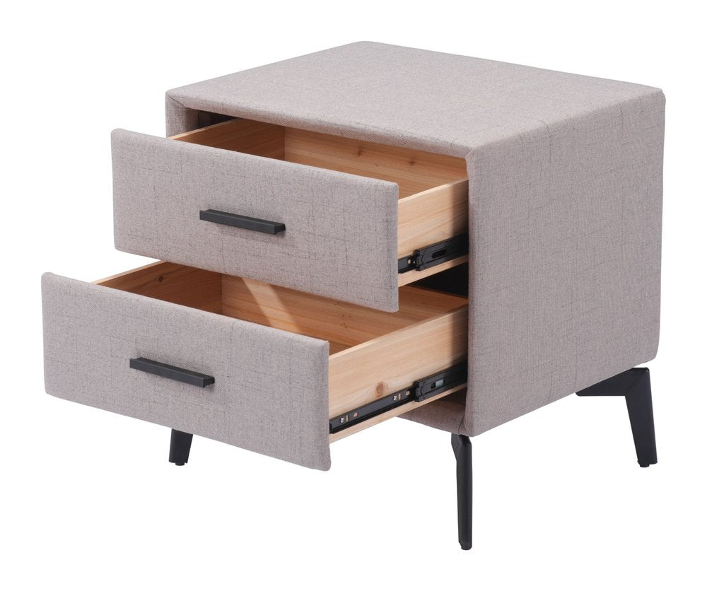 Gray and Black Fabric Wood and Steel End Table with Two Drawers