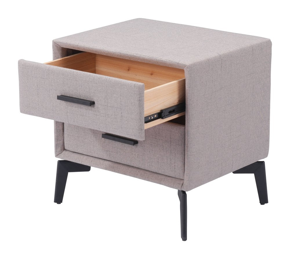 Gray and Black Fabric Wood and Steel End Table with Two Drawers