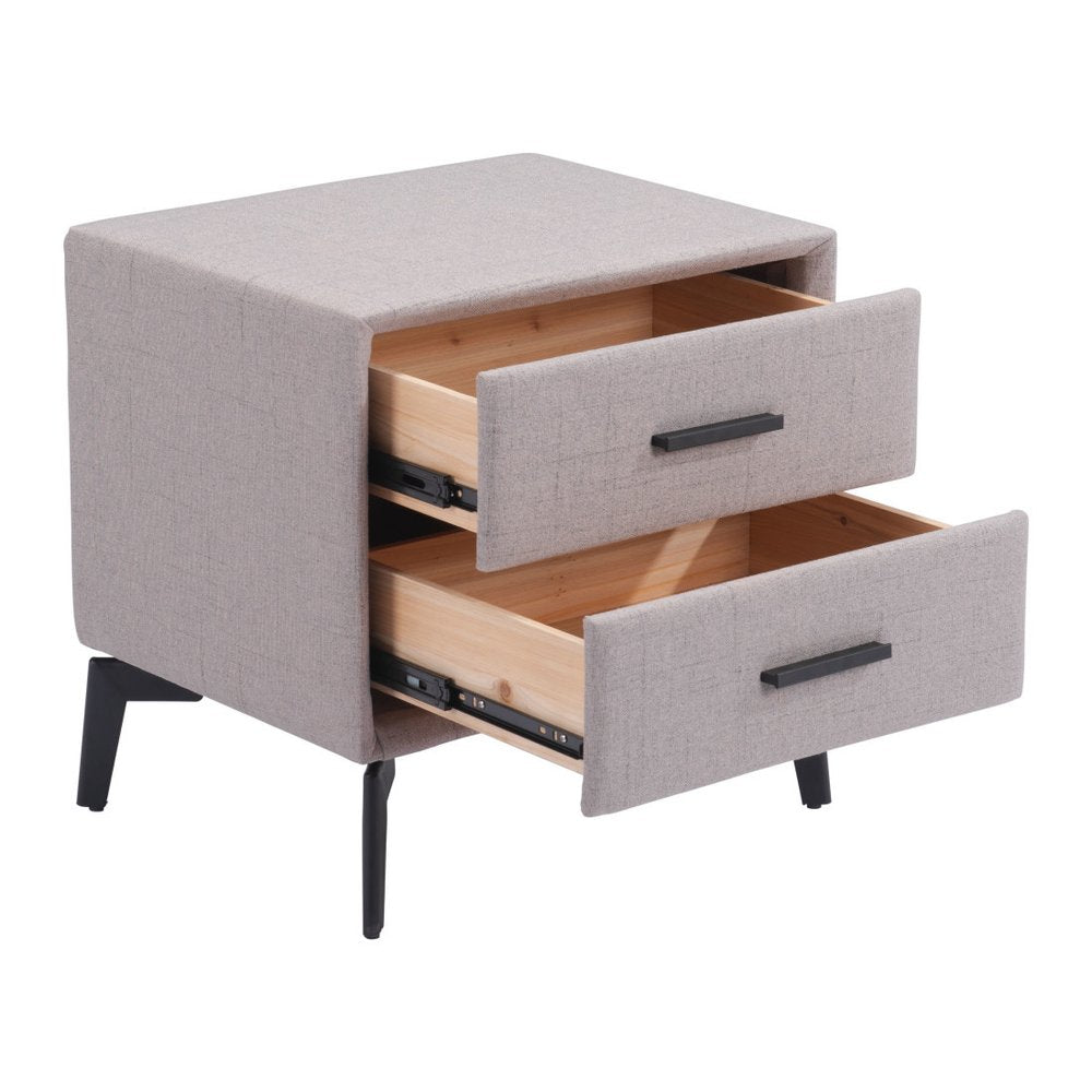 Gray and Black Fabric Wood and Steel End Table with Two Drawers