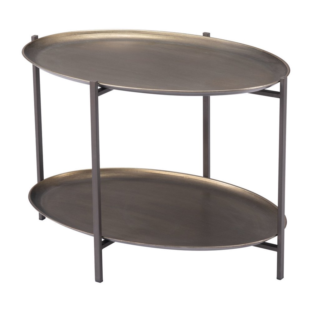 Antiqued Bronze and Black Steel Oval Two Tier Coffee Table - 26-inch