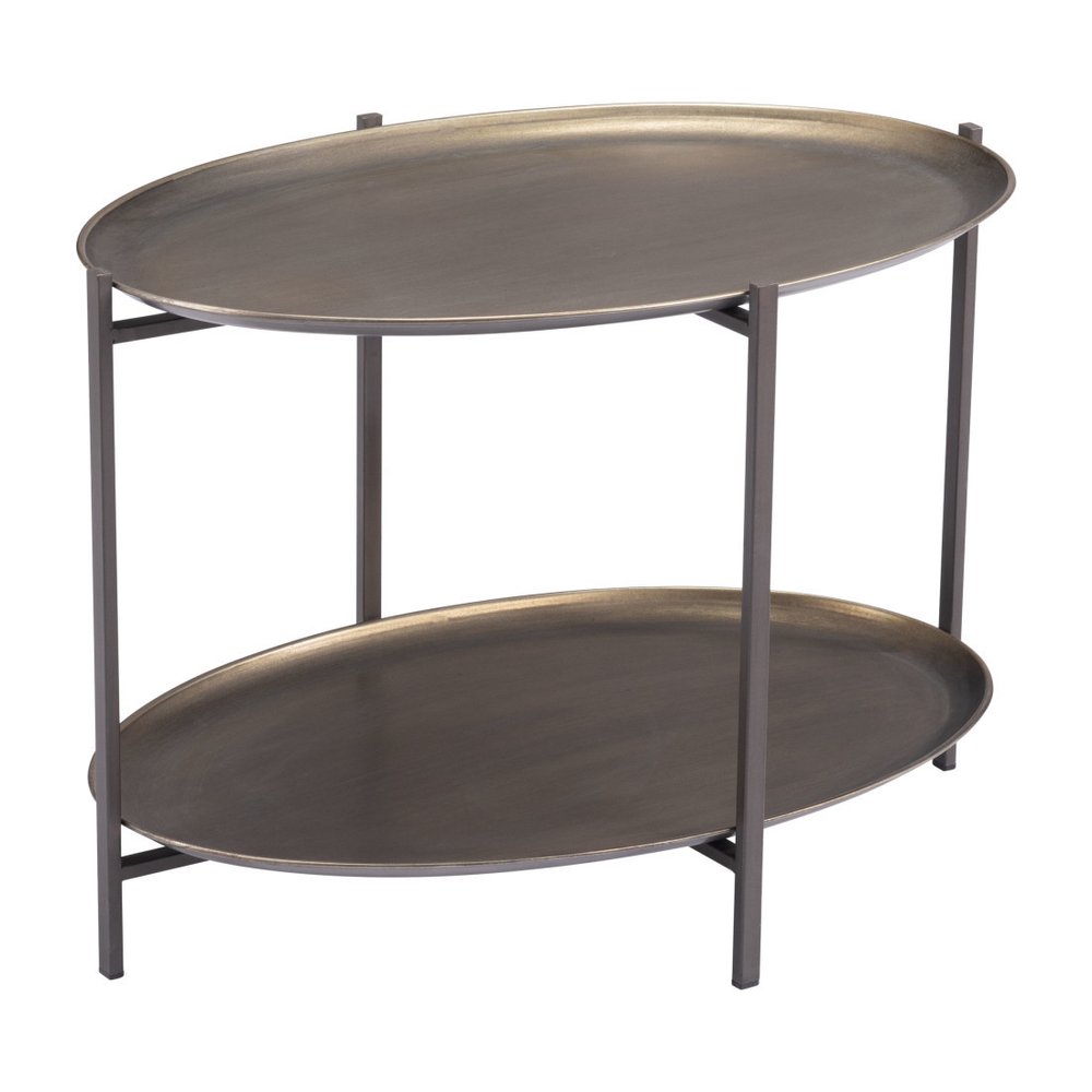 Antiqued Bronze and Black Steel Oval Two Tier Coffee Table - 26-inch