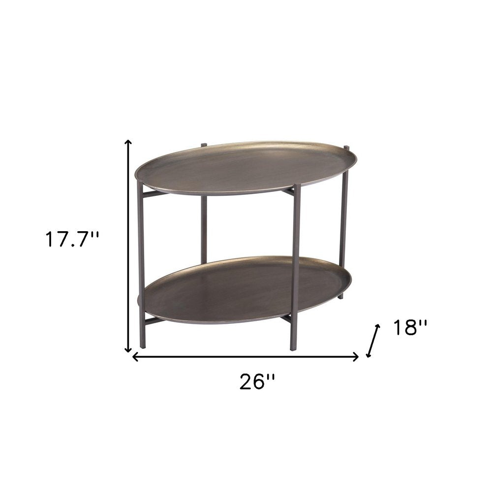 Antiqued Bronze and Black Steel Oval Two Tier Coffee Table - 26-inch